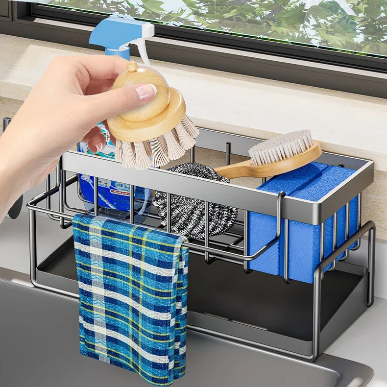 Kitchen Sink Drain Rack Organizer Carbon Steel Self-draining Sink Shelf Soap Sponge Holder Dishcloth Towel Rack Filter Basket