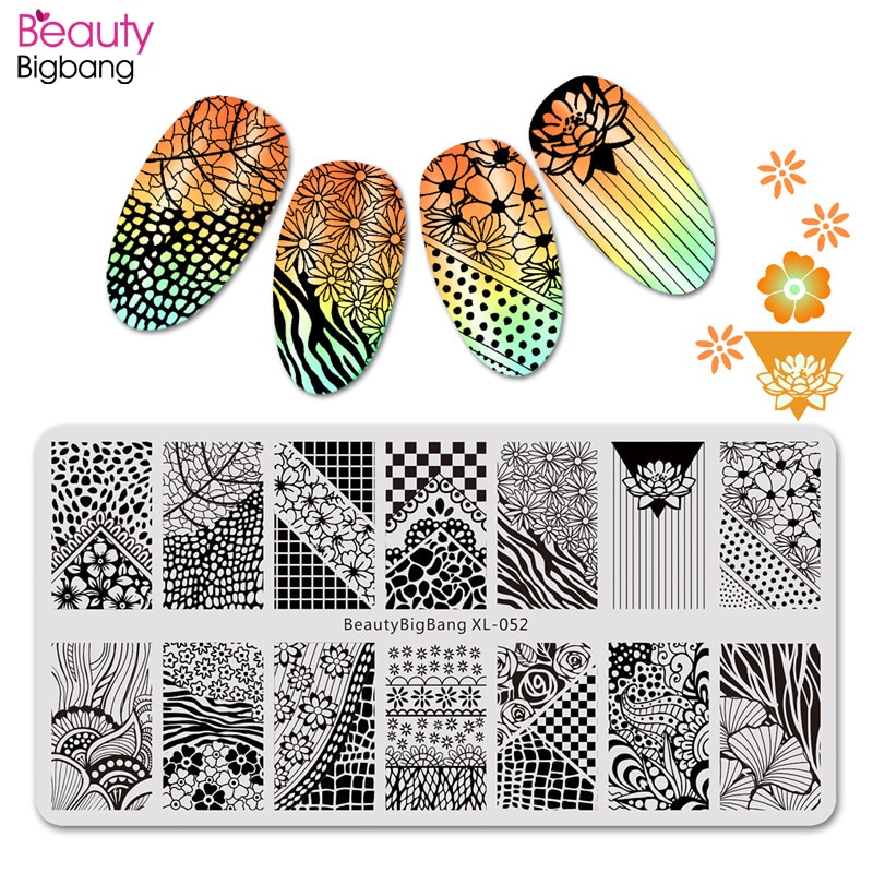Beautybigbang 1 Pc Nail Stempelen Platen Voor Nagels Bloem Plaid Patroon Stencil Voor Stempelen Template Nail Art Gereedschap XL-052