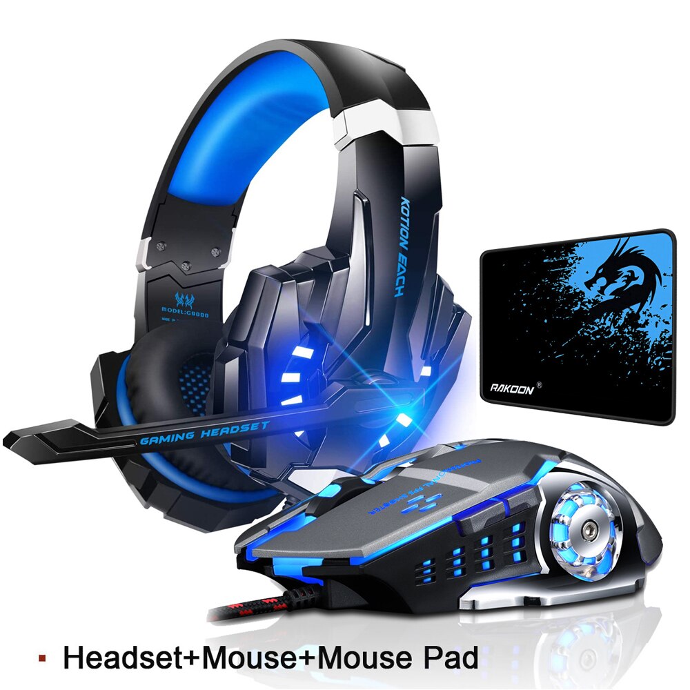 USB Wire PC Gaming Headset Deep Bass Stereo Game Headphone with Microphone LED Light for PC Laptop+Gaming Mouse+Mice Pad: three item combo