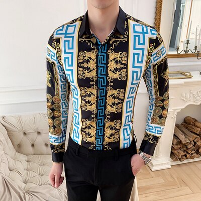 Blumen- Männer Hemd Neue Druck Männer Luxus Hemden schlank passen lässig Langarm Geschäft Hemd Homme M-4XL: Schwarz / XXL