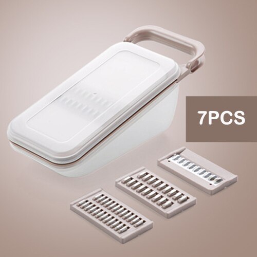 Huishoudelijke Groentesnijder Multifunctionele Aardappelen Wortelen Ui Komkommer Shredder Handleiding Afvoer Mand Gereedschap Rvs: B-7PCS-BEIGE