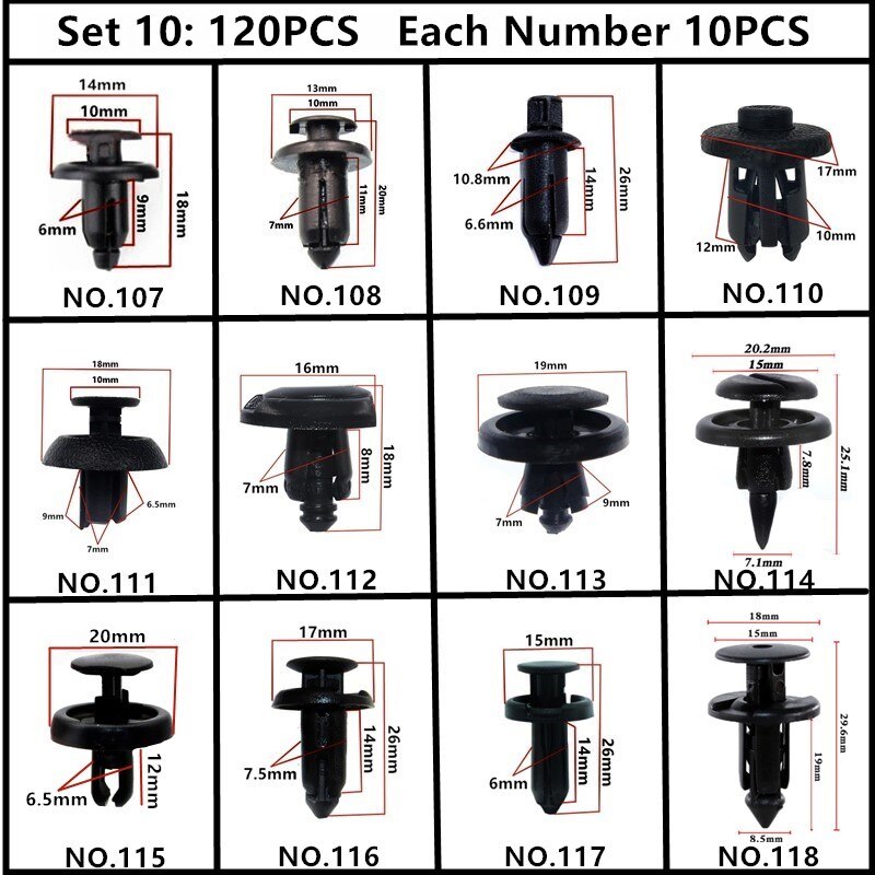 Til toyota tacoma mirai mark auto push-in skrue clips ekspansion plug-in snap nitte fastgørelse sæt 5mm 6mm 7mm 8mm 9mm 10mm hul: 120 stk blandet sæt 10