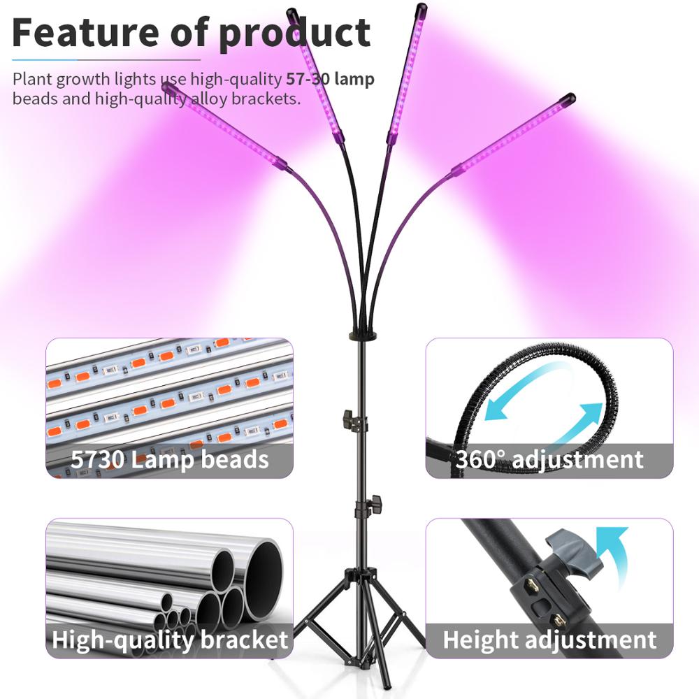 Usb Flood Phyto Led Lampen 5V Full Spectrum Zaailing Groeien Licht Indoor Phytolamp Voor Planten Timer Schijnwerper 45-130Cm Verstelbare