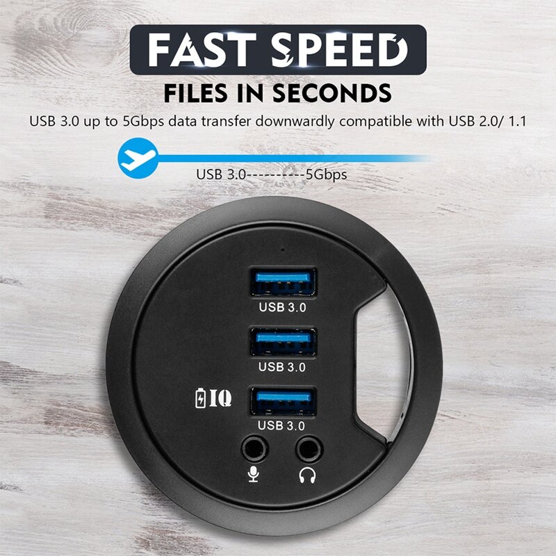 USB HUB USB3.0 Mount in Desk Multi 3Port with Headphone/Mircophone Adapter for PC/Tablet Multi USB 3.0 Splitter,EU Plug