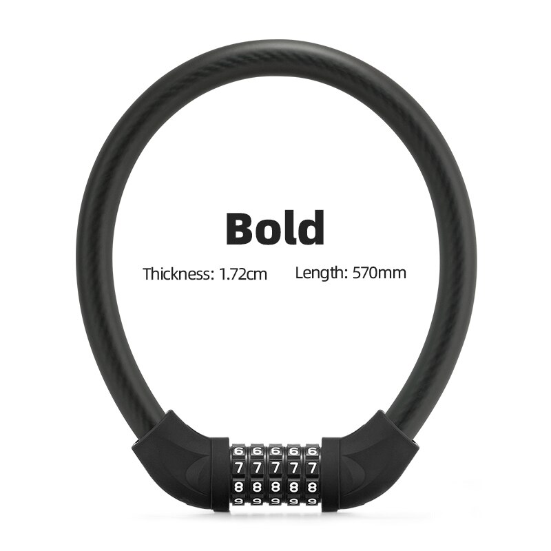 ROCKBROS Bike Lock Steel Five-digit Code Anti-theft 1.72CM Bold Cable Password Lock PVC Wrapped Lock MTB Road Bike Accessories: RKS570-BK