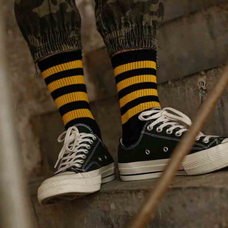 Harajuku herre hip hop hvid gul sort stribe cool street trends par trends bomuld skateboard sokker