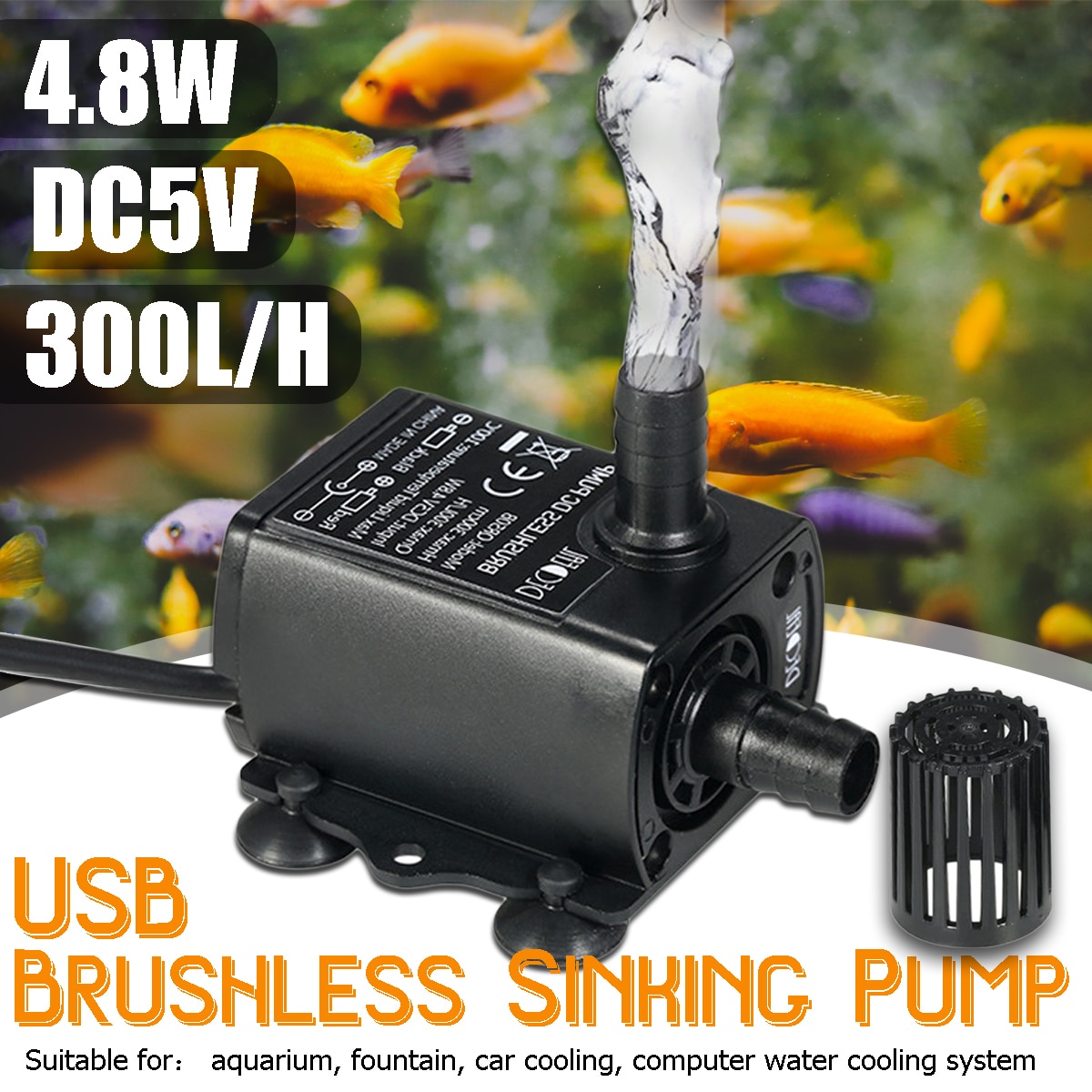 Mini Water Pump 5V 4.8W Ultra-quiet Brushless Waterproof Submersible Fountain Aquarium Circulating 300L/H Lift USB Water Pump
