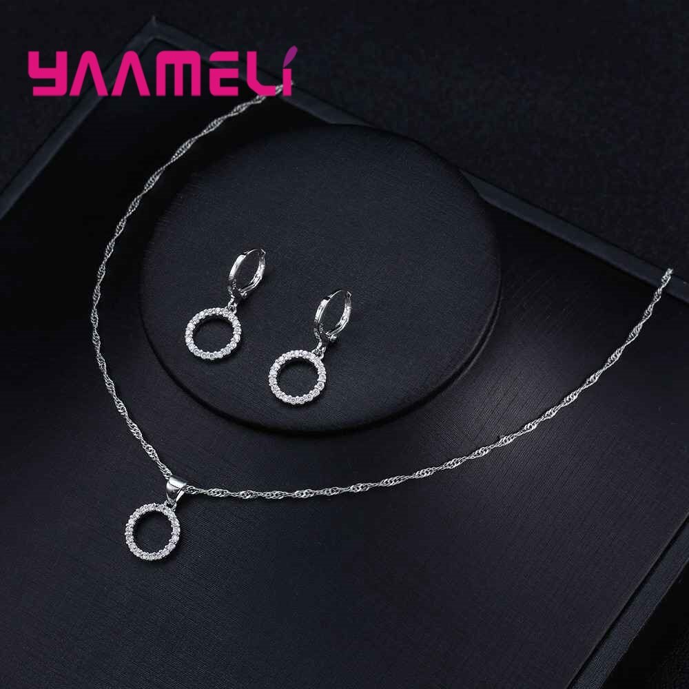 Popular 925 prata esterlina feminino noivado casamento conjunto de jóias brilhante cz zircão strass moda pingente colares brincos