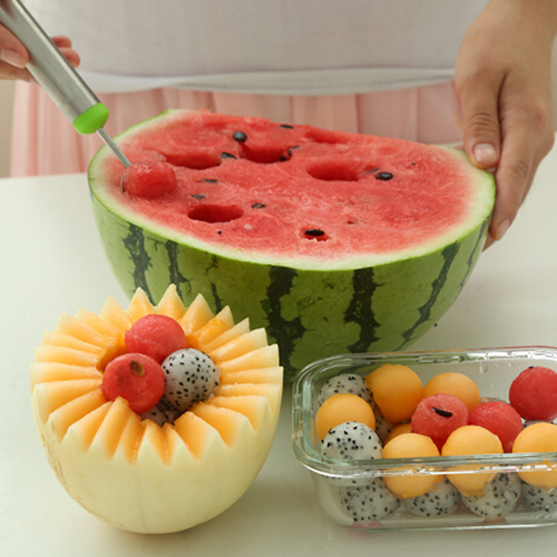 1 pc Double-End Kitchen Dual Function Stainless Steel Ice Cream Fruit Salad Scoop Spoon Baller Melon Carving Cutter