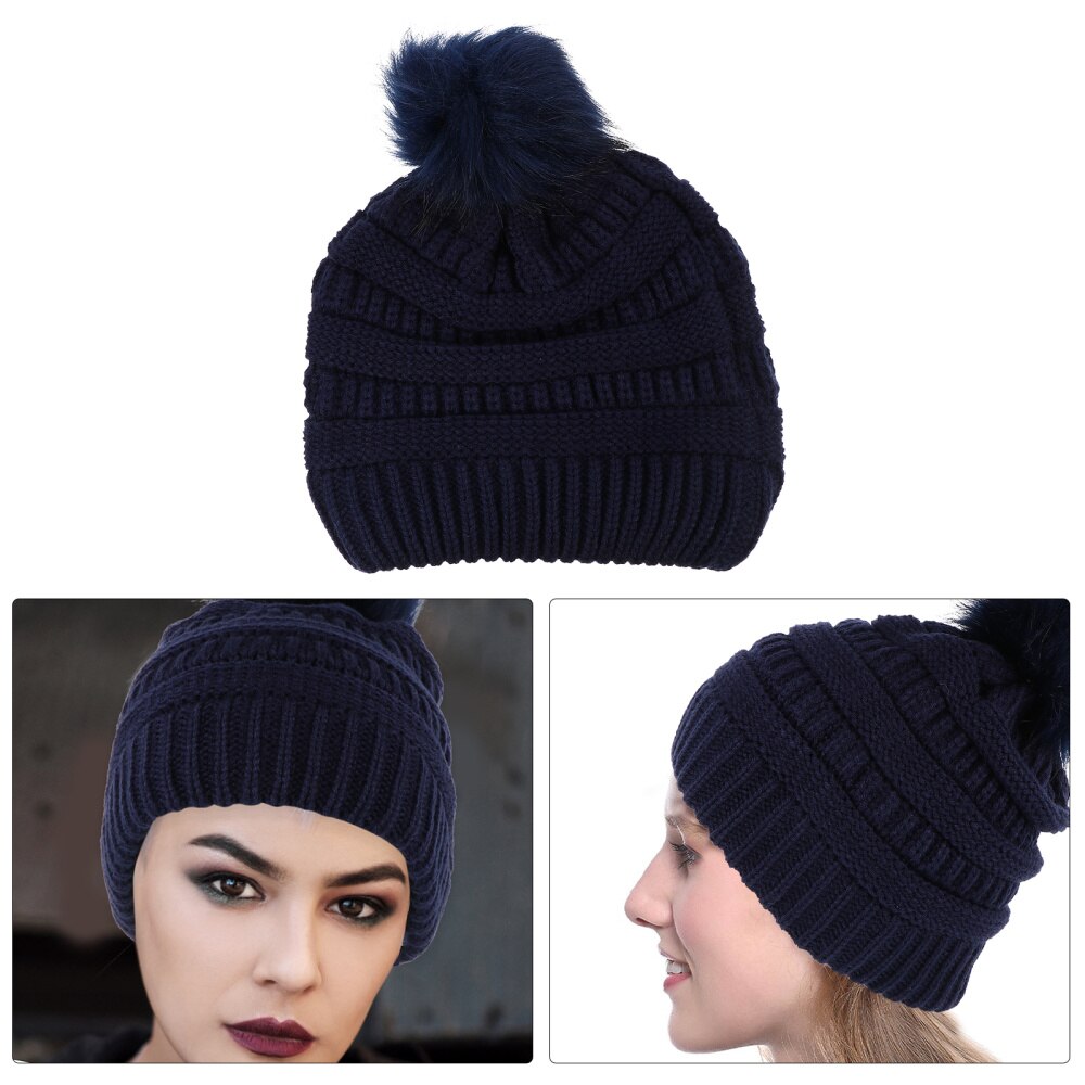 1pc varm strik hat slidstærk hyggeligt hæklet hårboldhue til vinterkvindedame