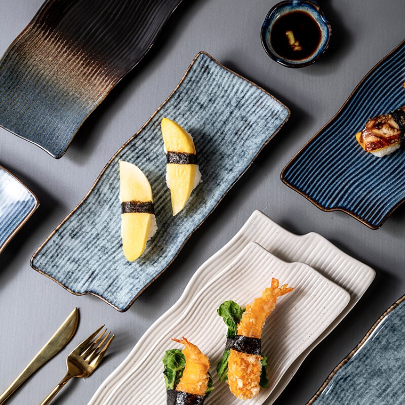 Japanse Stijl Sushi Plaat Rechthoekige Keramische Sashimi Platte Plaat Creatieve Servies Onregelmatige Lange Commerciële Japanse Plaat