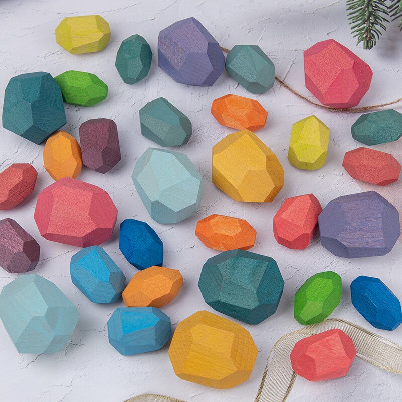 Children Wooden Colored Stone Intelligence Building Stone Jenga Nordic Style Wooden Rainbow Toy Girl Boy