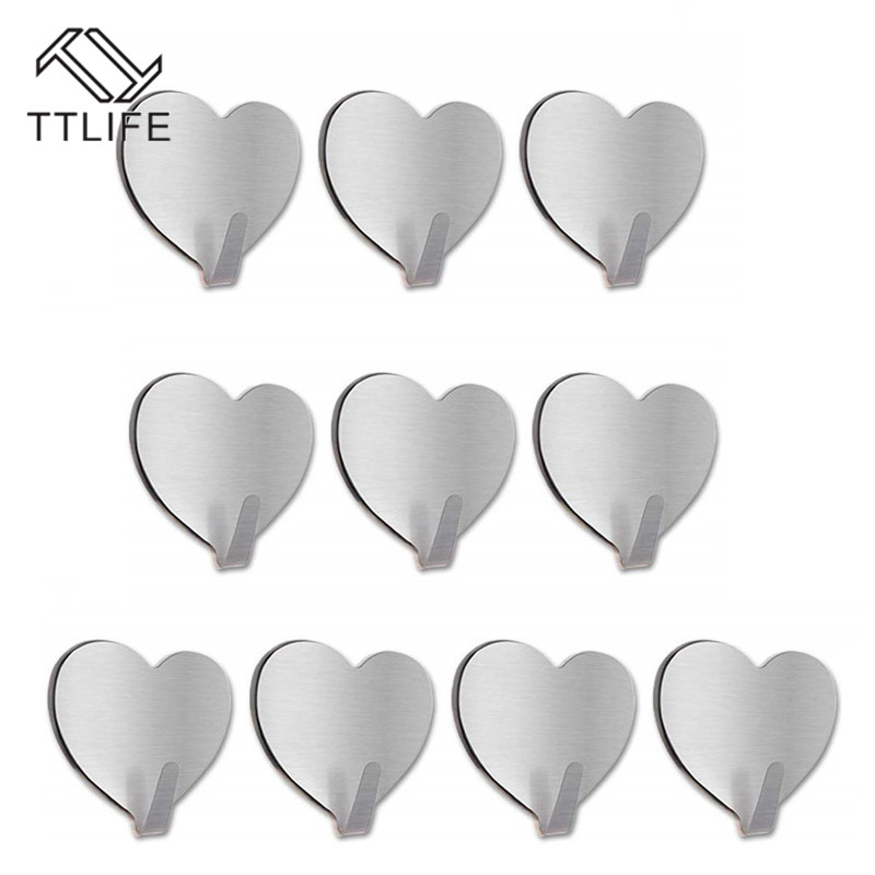 Ttlife 10 stuks hartvormige roestvrijstalen klevende haken, spijkervrije naadloze deurhaak, schattige badkamerdecoratie-accessoires
