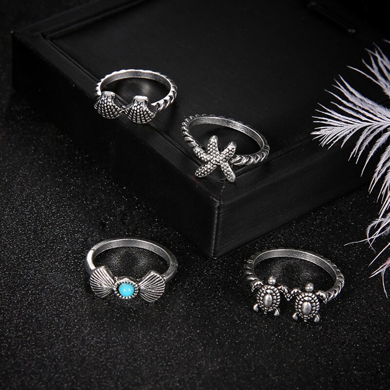 4 stuks Bohemian Shell Schildpad Vinger Ring Set Charm Starfish Zilveren Joint Knuckle Rings Vrouwen Sieraden Accessoires