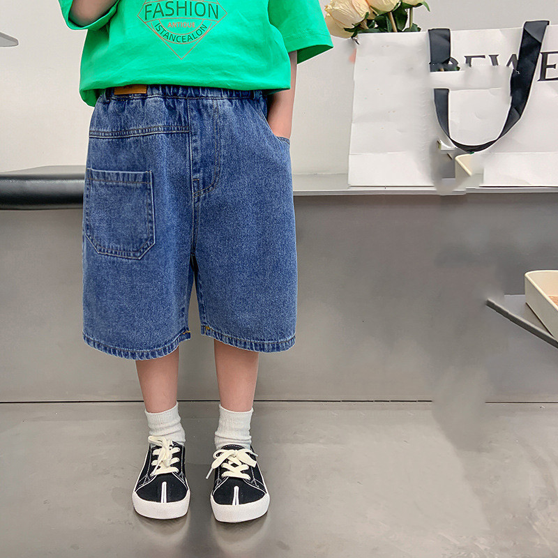 Summer Boys solid color patchwork denim shorts Children loose all-match knee length pants