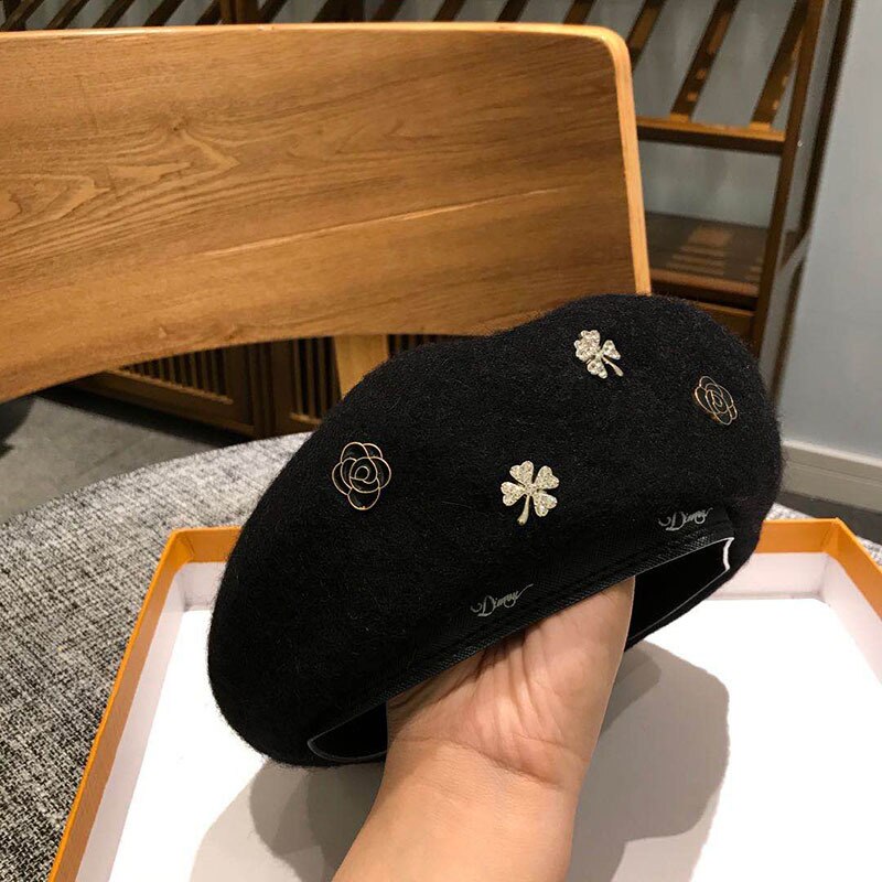 Boina de lana con abeja de cristal para mujer, gorro de lana para invierno, otoño y primavera, color sólido, Boina de