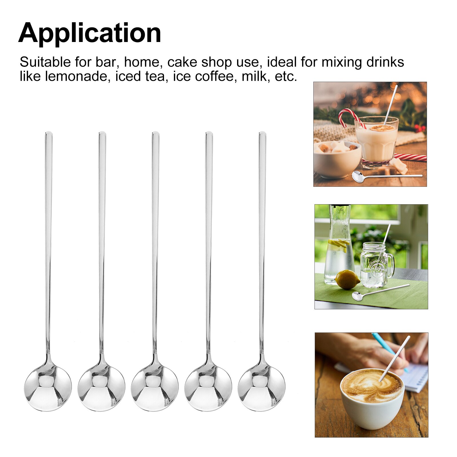 5 Pcs Home Shop Cafe Long Handle Stainless Steel Dessert Round Spoon Supply