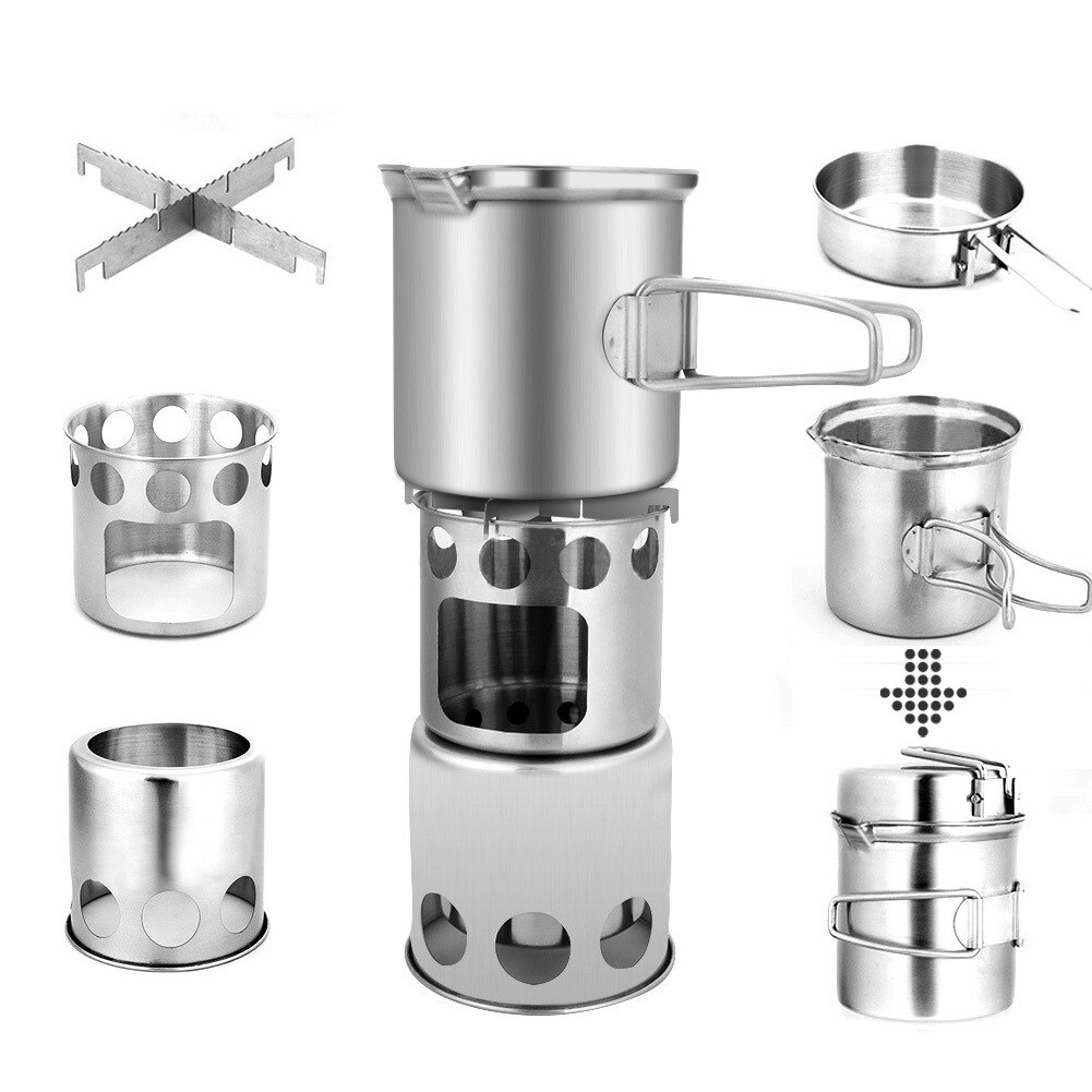 304 Stainless Steel Camping Pot Set Outdoor Supplies Camping Cookware Stainless Steel Pot With Wood Stove: Wood stove and set