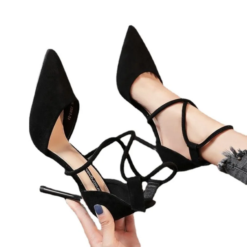 2024 nuevas sandalias romanas con tiras cruzadas, Zapatos De tacón alto De gamuza para Mujer, sandalias puntiagudas De tacón fino con hebilla De una línea, Zapatos De Mujer