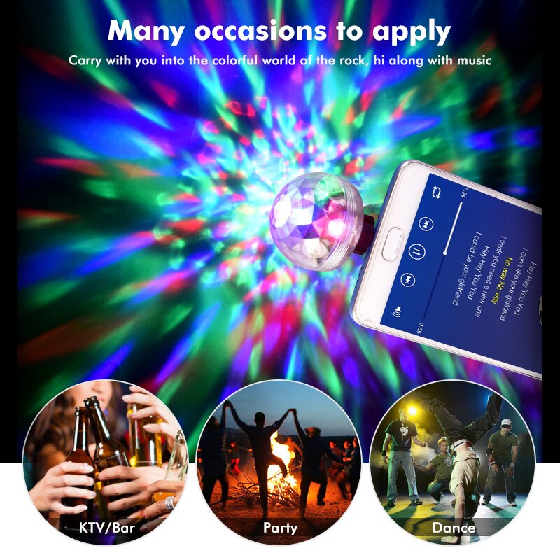 Mini luces de bola de discoteca portátil para escenario Android/Huawei/Apple enchufe USB adaptador compatible con el usuario Luz de dj cabeza móvil