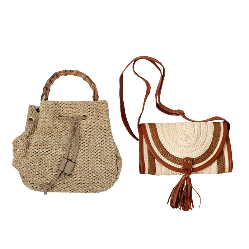 2 Pcs Drawstring Women's Straw Bucket Bag Summer Woven Shoulder Bags Shopping Purse Beach Straw Handbags, Khaki & Brown
