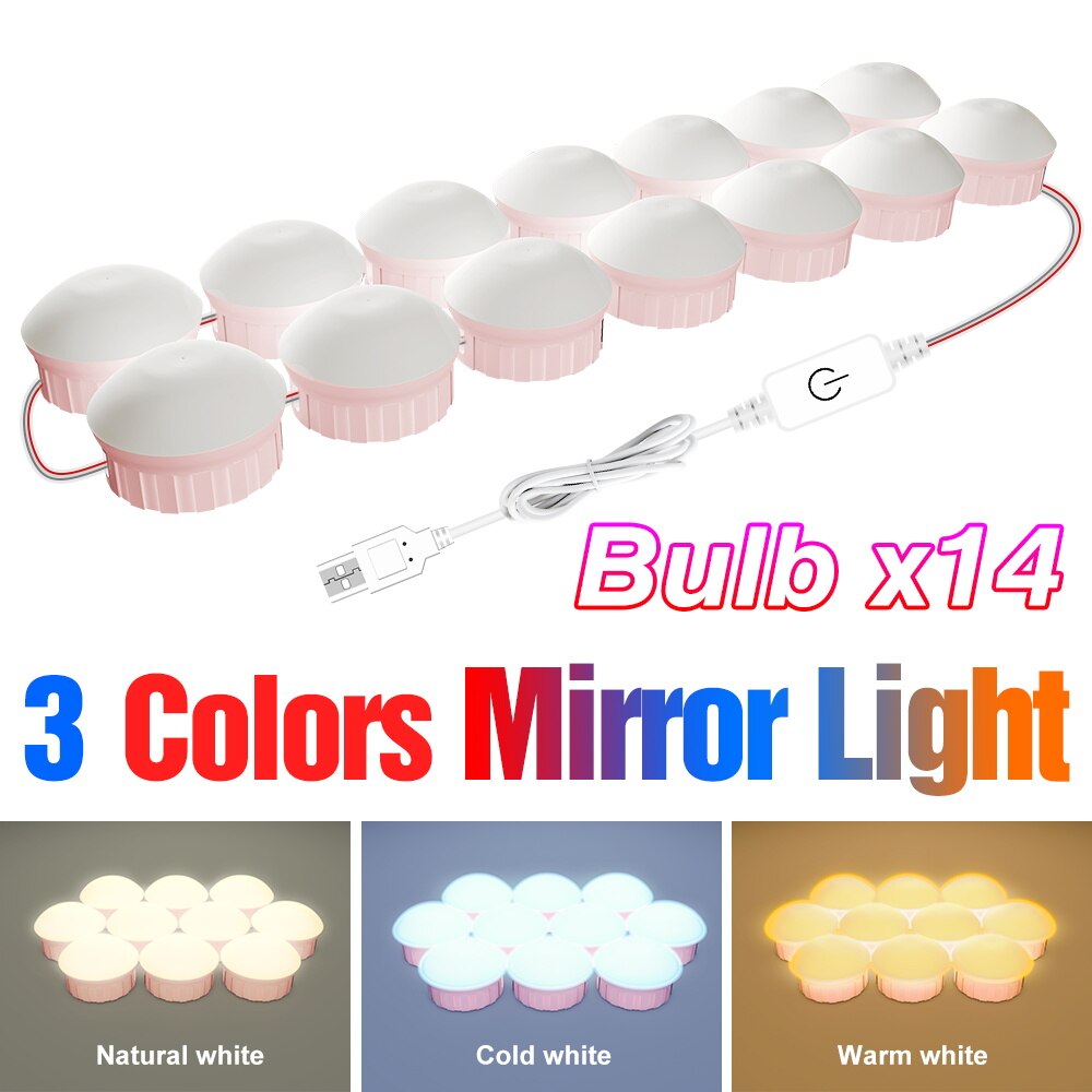 LED Makeup Mirror Lamp USB Bathroom Dressing Table Light Bulb Dimmable Hollywood Vanity Mirror Lamp For Home Decoration Lighting: 3 Colors 14 Bulbs