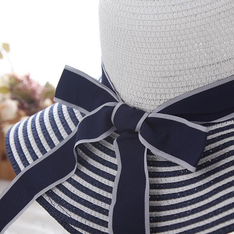Hepburn tuuli musta valkoinen raidallinen bowknot kesä aurinko hattu kauniit naiset olki rantahattu iso reunushattu