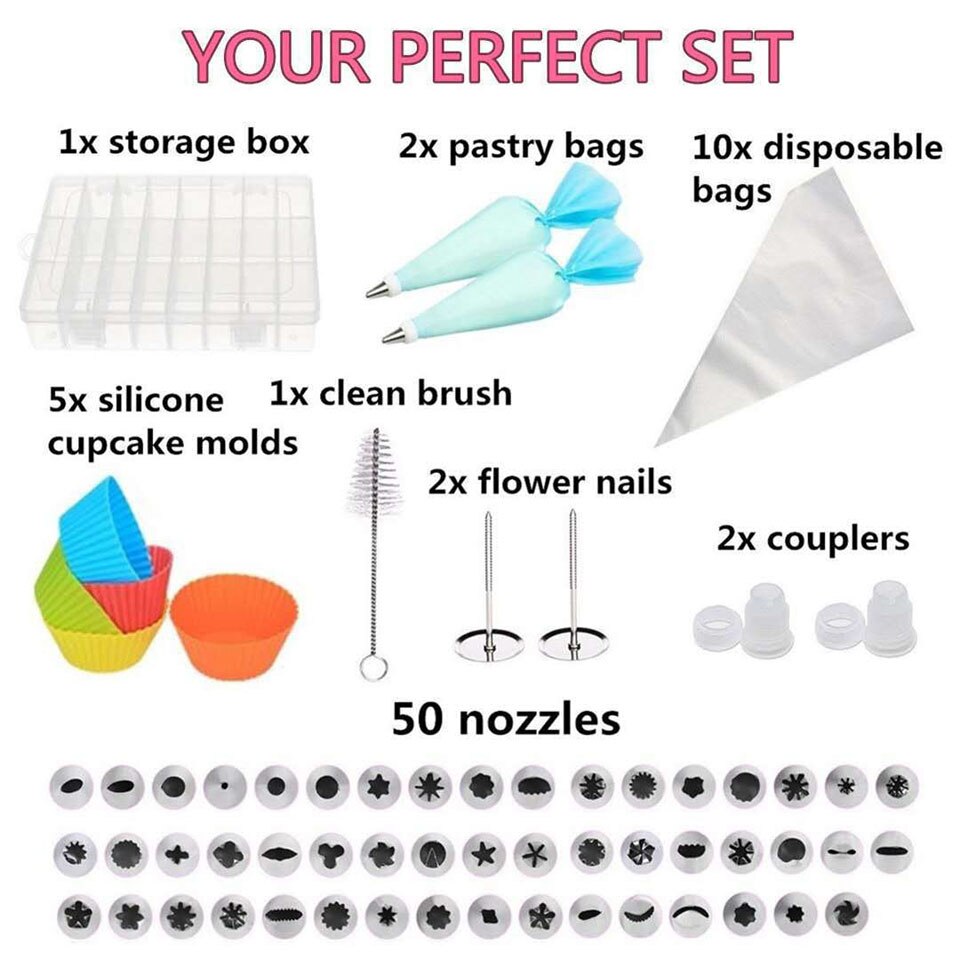 73Pcs Cake Decoration Tools Kit Cake Icing Tips Guide Piping Bag Muffin Cups Frosting Pastry Bags