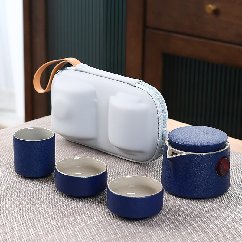 Tea Set One Pot Two Cup Set Porcelain Kung Fu Tea Set Storage Bag Teaware Portable Travel Ceramic: Blue