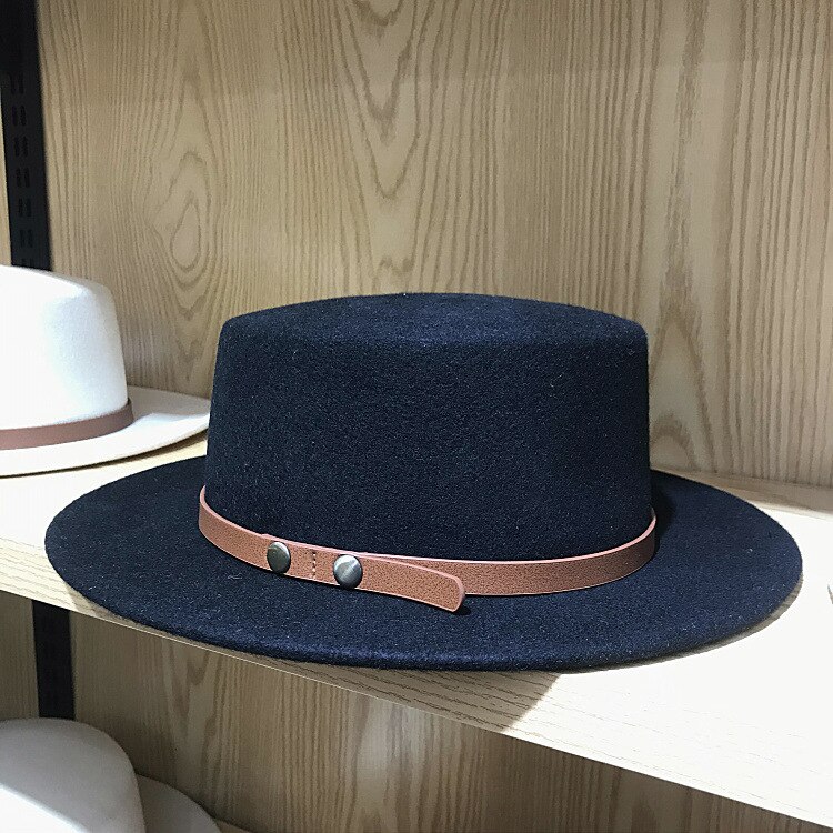Winter Fahsion Hoeden Voor Vrouwen Fedora Met Riem Rond Wit Zwart Schipper Wol Hoed Porkpie Stijl Verstelbare Tovenaar: Black