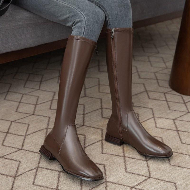 Ridstövlar knähöga stövlar damskor fyrkantig tå dragkedja långa stövlar dam höst vinter brun botas mujer: Brun / 35