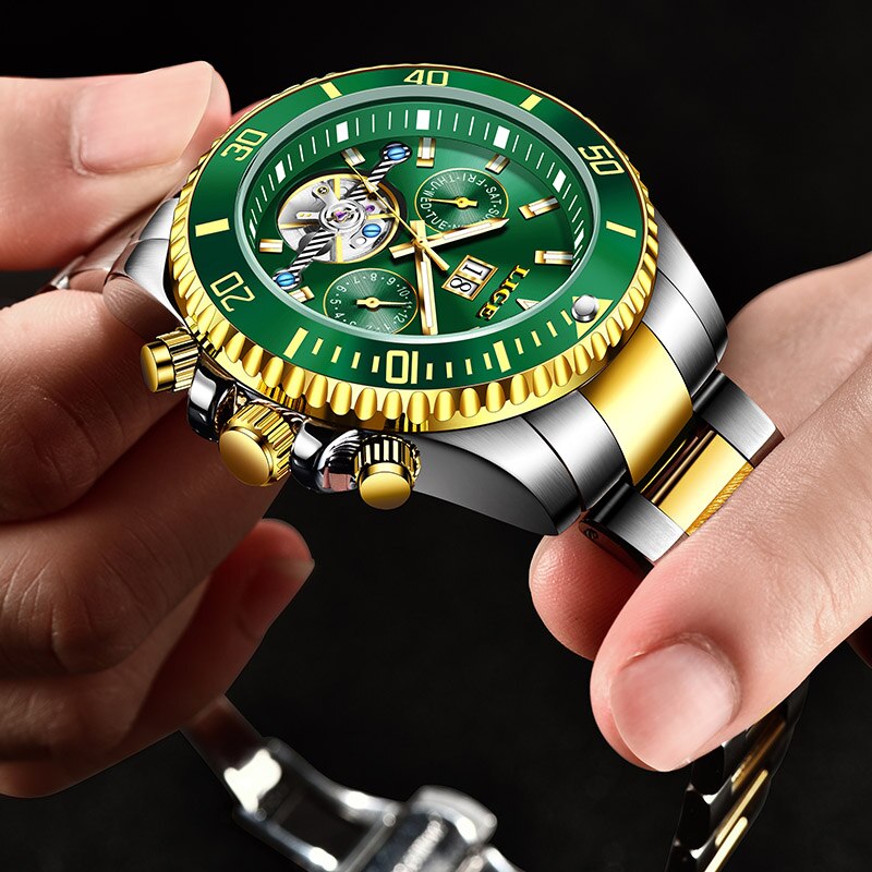 LIGE Marken Männer Automatische Mechanische Tourbillon Uhr Luxus Edelstahl Sport Uhren Herren Uhr Relogio Masculino: Gold Grün