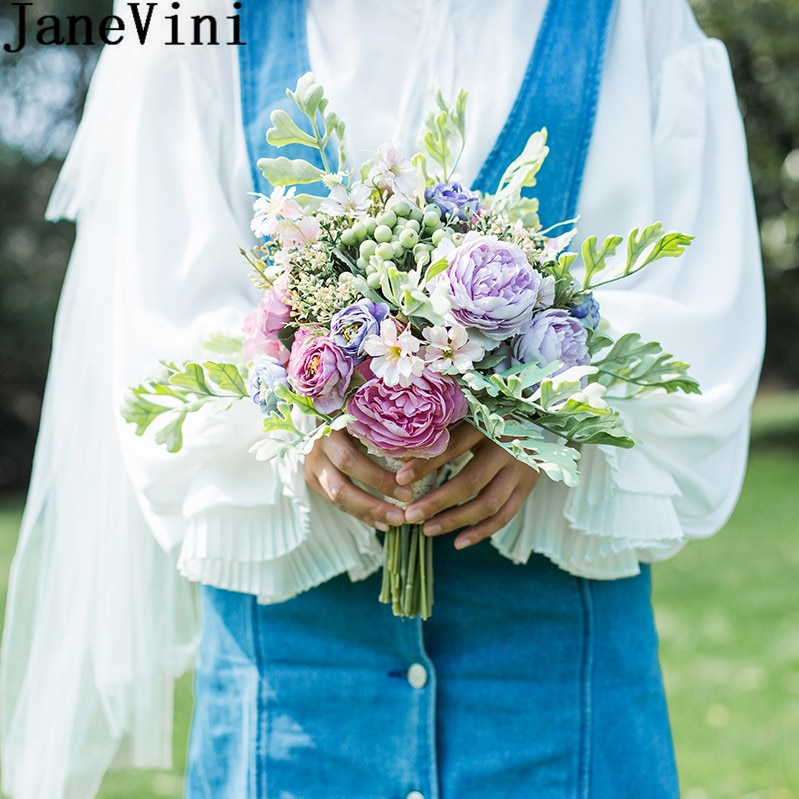 JaneVini Seide Brautjungfer Bouquets Künstliche Pfingstrose Rose Trouw Boeket Kleine Größe Braut Hochzeit Bouquet Griff Braut Blumen