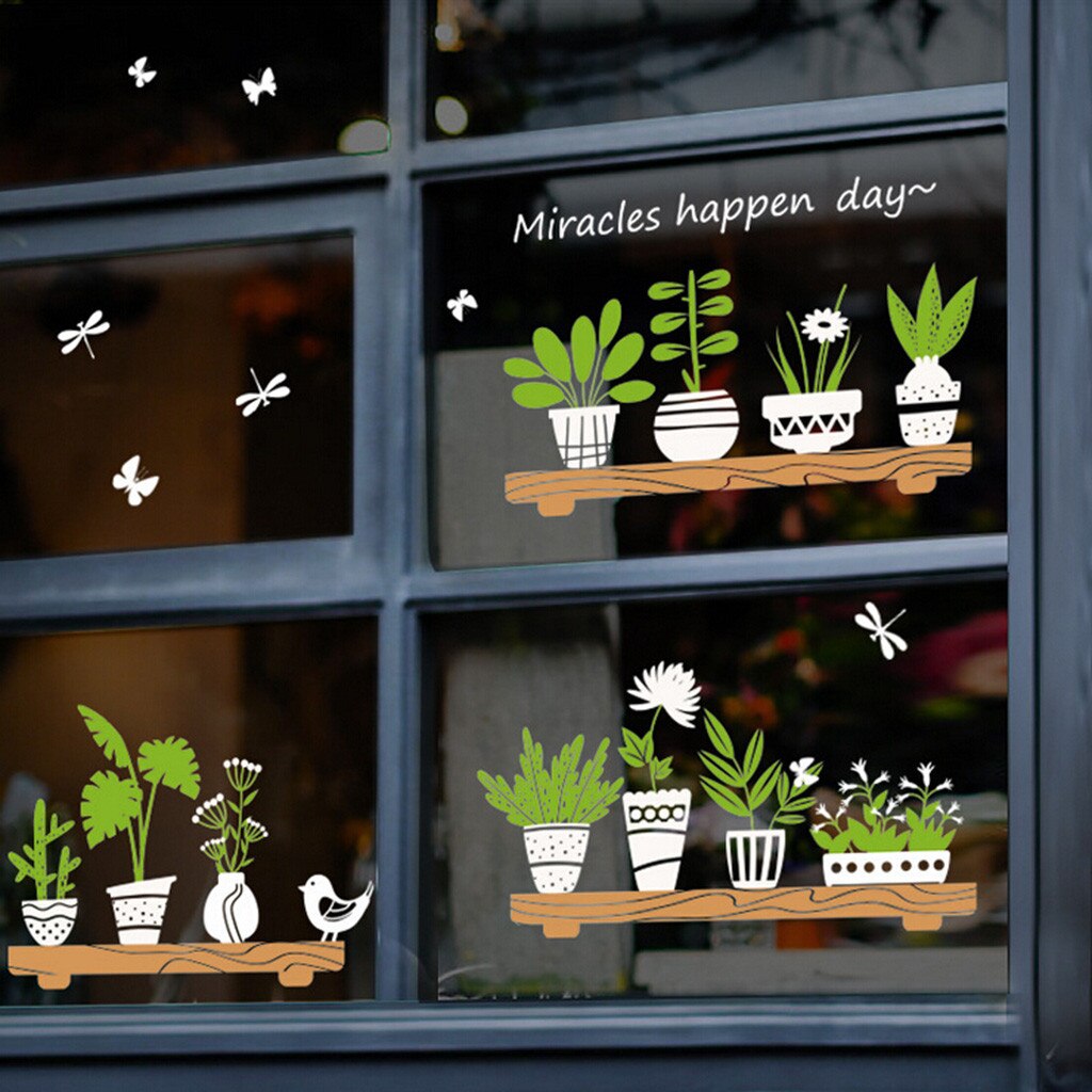 Mærkat boligindretning 3d små friske planter pottebutik glasdør cafe dekoration væg klistermærker aftagelige vandtætte  l0927