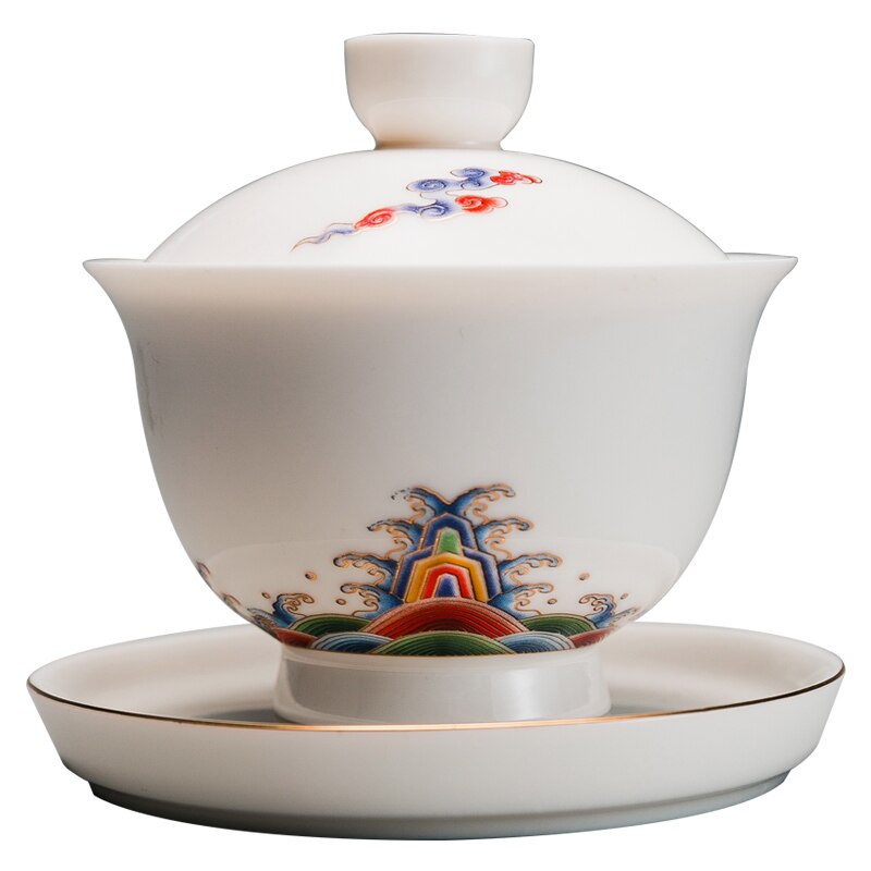 Porcelain White Porcelain Painted Tureen Large and Small Handmade Three-Piece Tea Bowl Home Tea Brewing Cup Kung Fu Tea Set