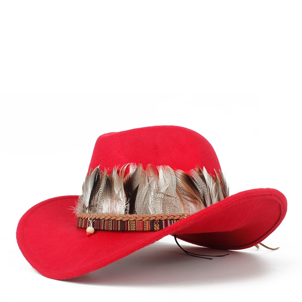 Sombrero de vaquero occidental de lana para niño y niña, Sombrero de cuero con agujeros, Outblack, Sombrero de Jazz para Hombre: Red