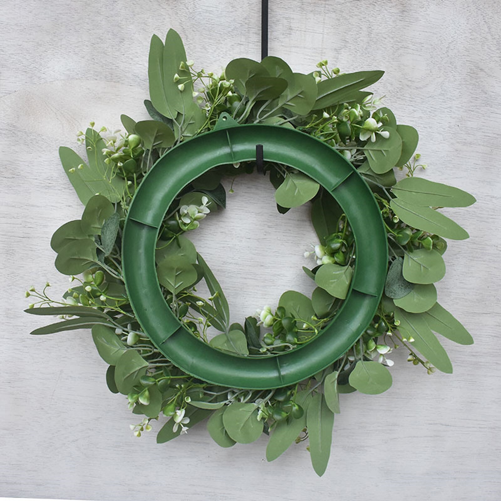Artificial Green Eucalyptus Wreath,15 Inches Greenery Wreath With Clusters Of White Flowers Mini Spring/summer Wreath For Front