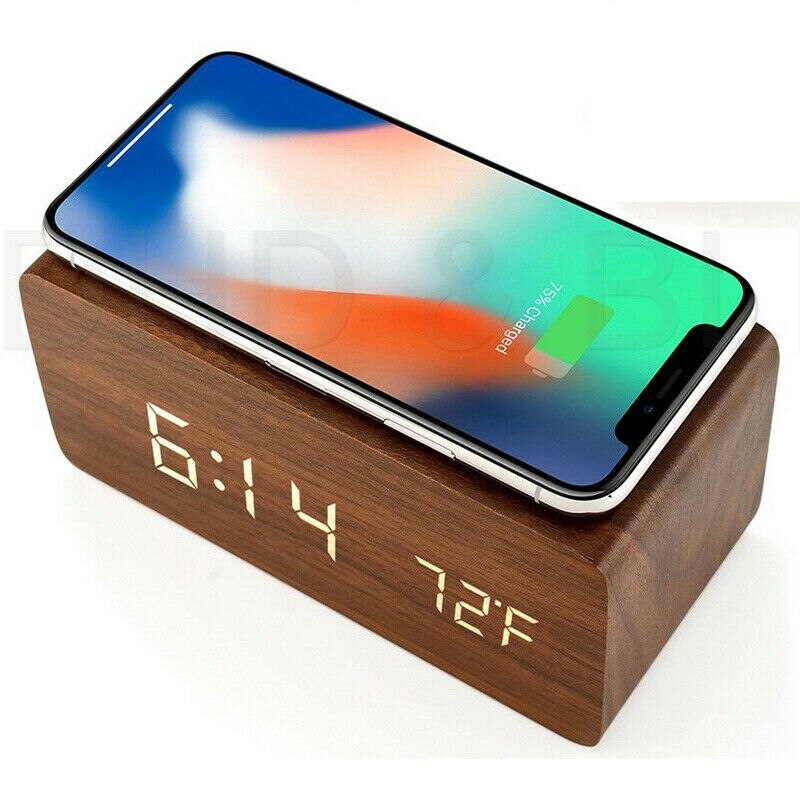 Led despertador elétrico qi carregador de telefone sem fio carregamento estação almofada relógio digital carregamento sem fio: Brown