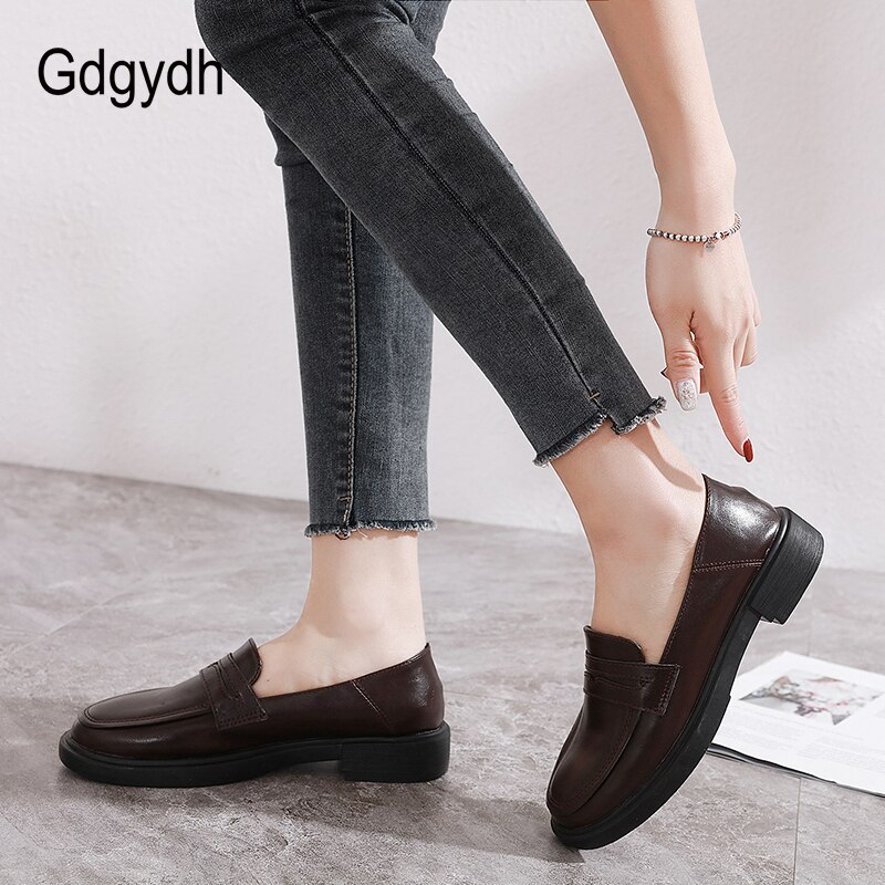 Gdgydh Round Toe Loafers Flats Shoes Woman Spring Summer Female Casual Shoes Black Leather PU Flat Heel