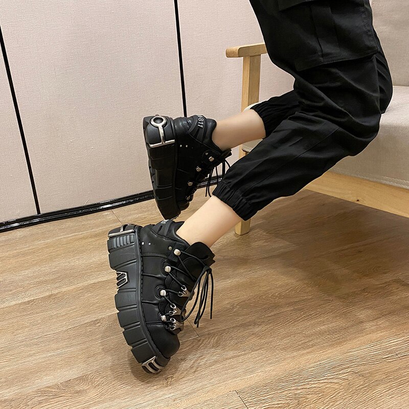 Punk Gothic Style Metal Decor Platform Women Sneakers Round Toe Lace Up Creepers Casual Female Shoes Rock Demonia Boots