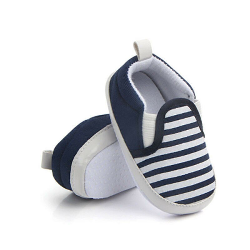 Mærke barnevogn nyfødt småbørn baby piger drenge børn spædbarn first walkers stribede klassiske sko loafers afslappet bløde sko: Blå / 13-18 måneder