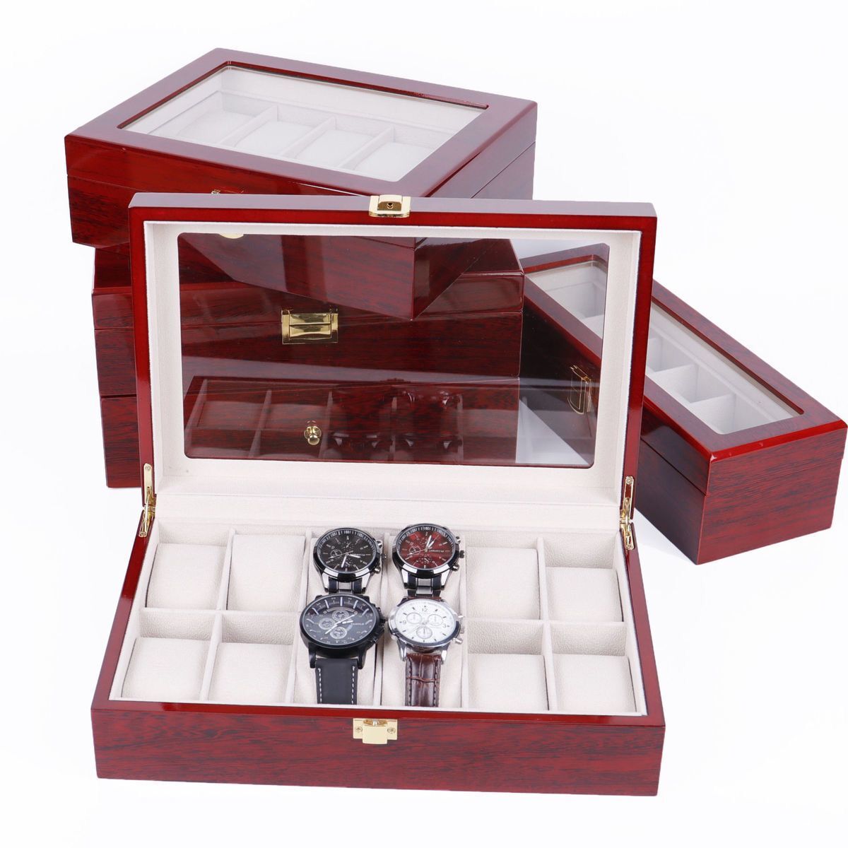 2/3/5/6/10/12 Slots Wood Watch Display Box Light Red Watch Boxes Case Mechancal Watch Storage Organizer Jewelry Holder
