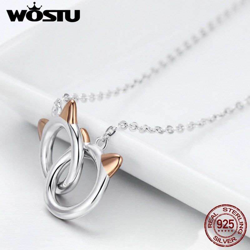 Wostu echt 925 sterling zilveren huisdier kat link hanger ketting voor vrouwen merk sieraden cqn 252