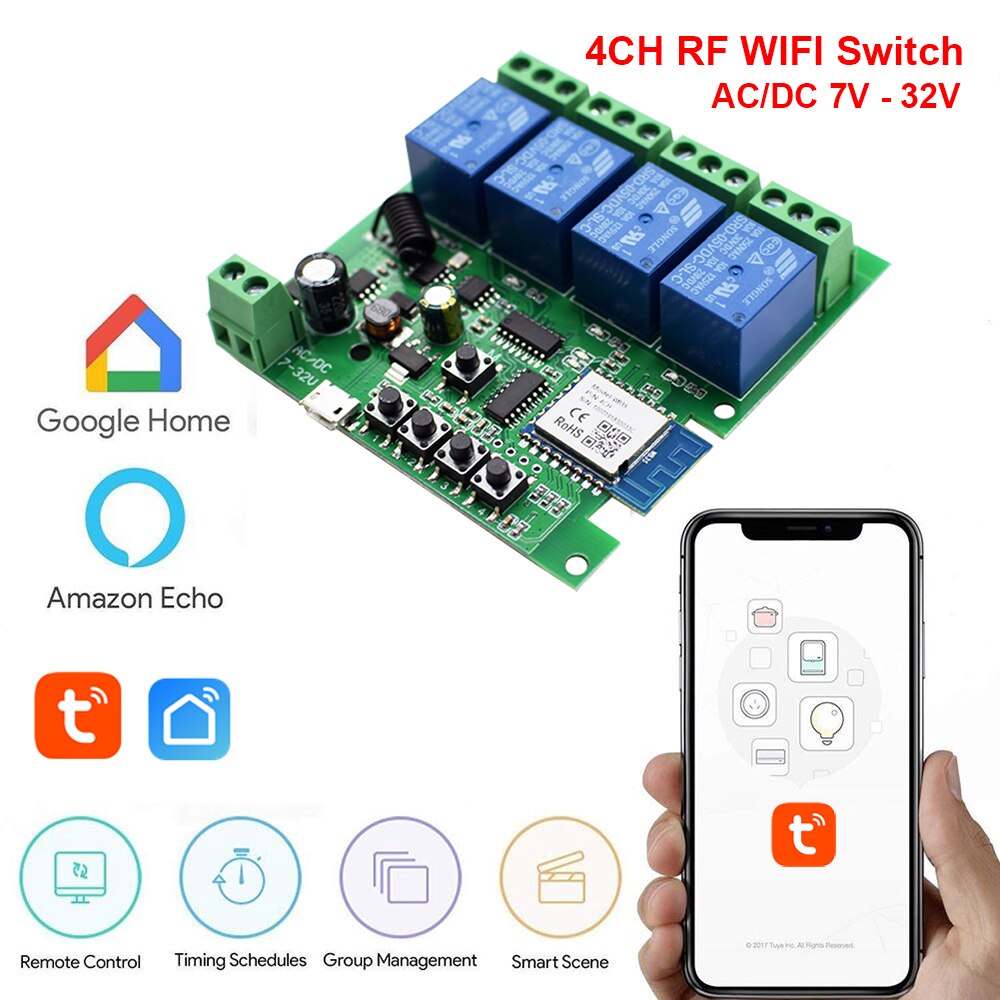Smart Garage Door Opener RF WiFi Switch Sliding Gate Controller Work With Alexa Google Home SmartLife Tuya APP Remote Control: 4ch 7-32V
