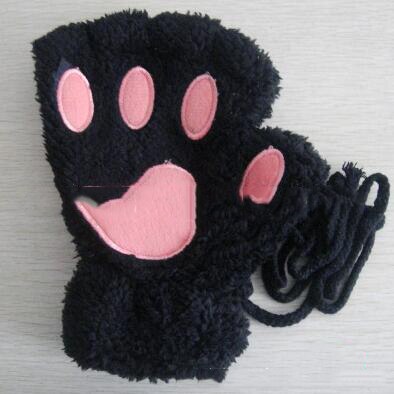 Mitaines en peluche pour femmes, mignonnes, patte de chat, peluche douce et chaude, courtes, sans doigts, ours pelucheux, gants de chat, Costume demi-doigt, noir, Beige: D