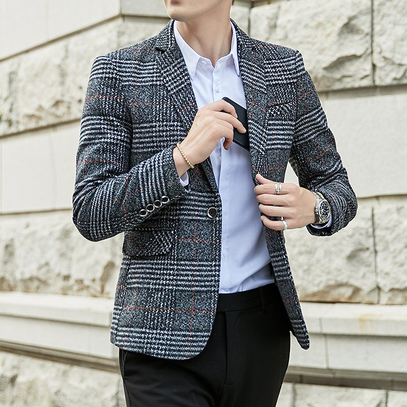 Rutig herr kavaj höst terno masculino casual business enknapps slim fit khaki grå kostymer jacka herr kavaj homme