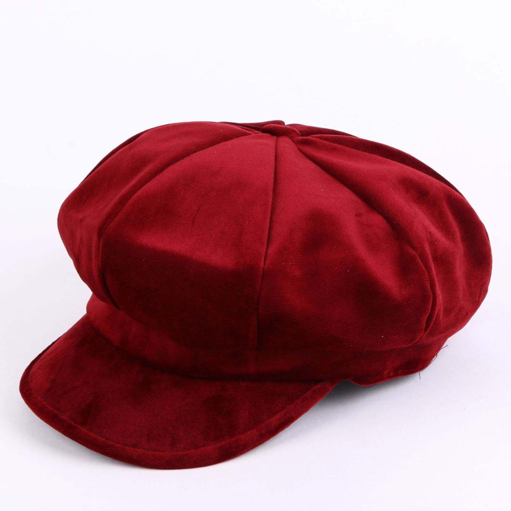 Sammet kvinnor basker höst vinter åttakantiga keps hattar snygg konstnär målare tidningspojke kepsar svart röd basker hattar  m154: Vin, röd