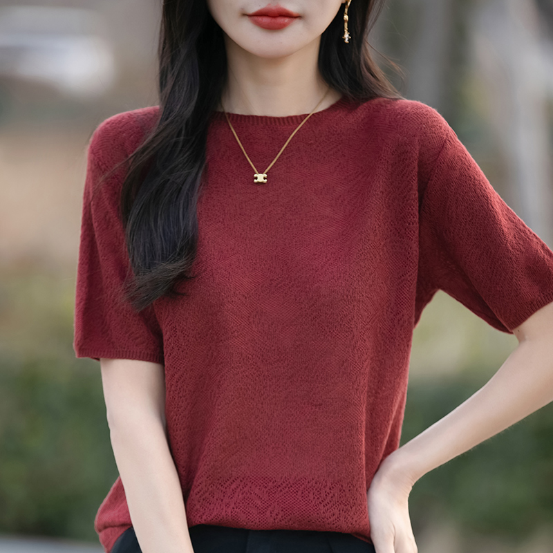 Women's Half-sleeved T-shirt Wool Lyocell Tees Sweater O-neck Flower Shaped Hollow Pullover Vest Summer Knitted Bottoming Tops
