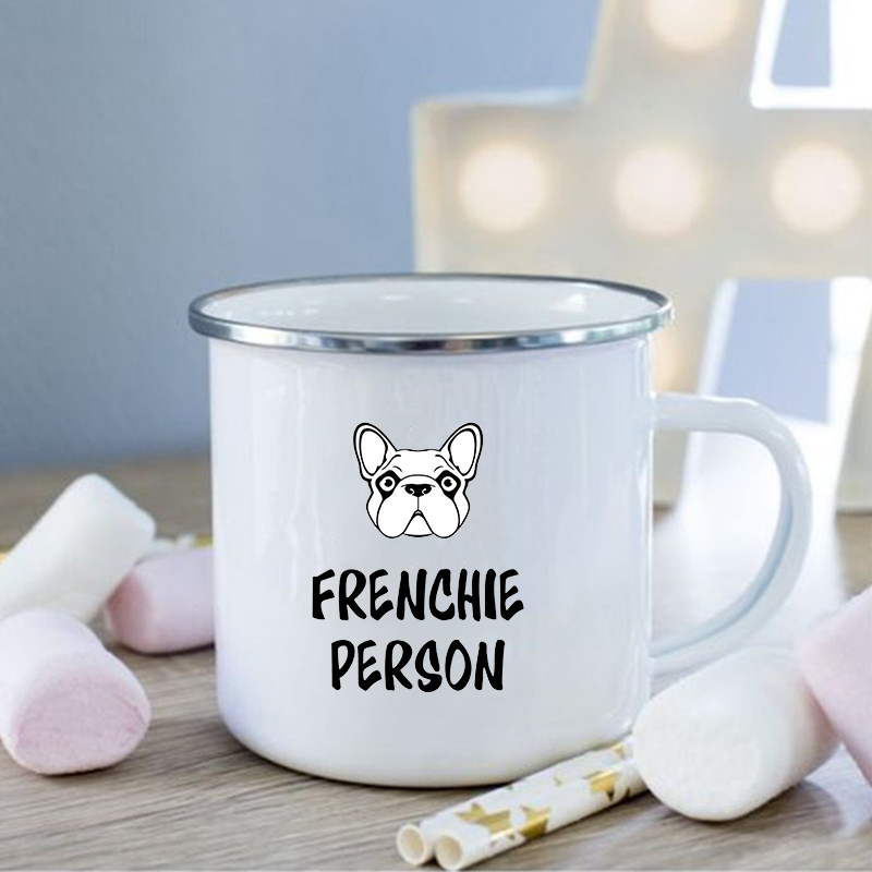 Taza de esmalte con estampado de Bulldog Francés, tazas creativas de café, bebidas, postres, desayuno, leche, tazas Vintage con asa, los mejores: XH525-A015WH-8