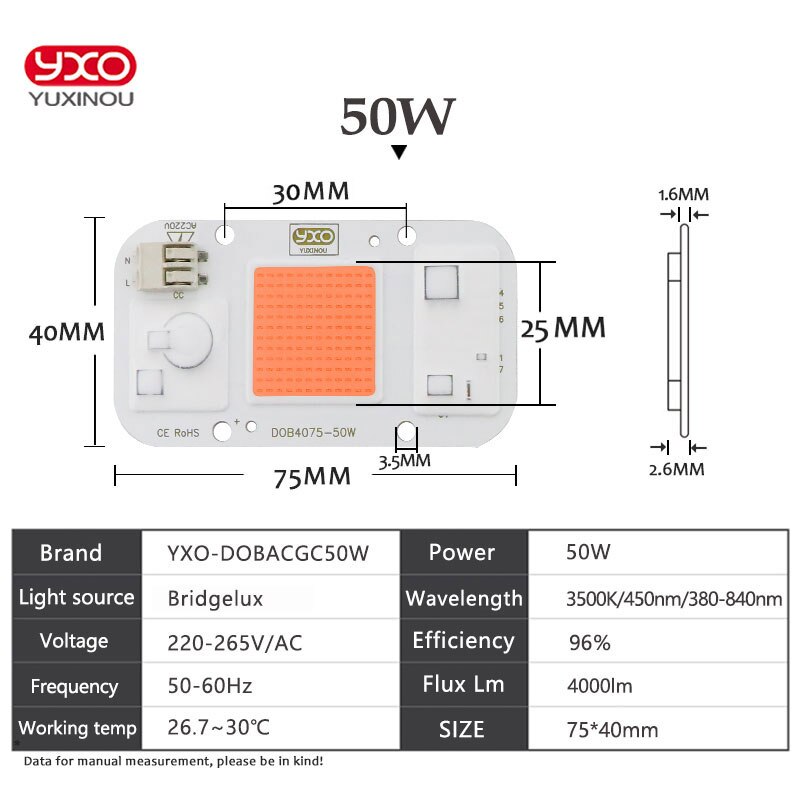 Hydroponice dob ac led cob chip til vækst plante lys fuldt spektrum  ac 220v 20w 30w 50w til indendørs plante frøplante vokse blomst